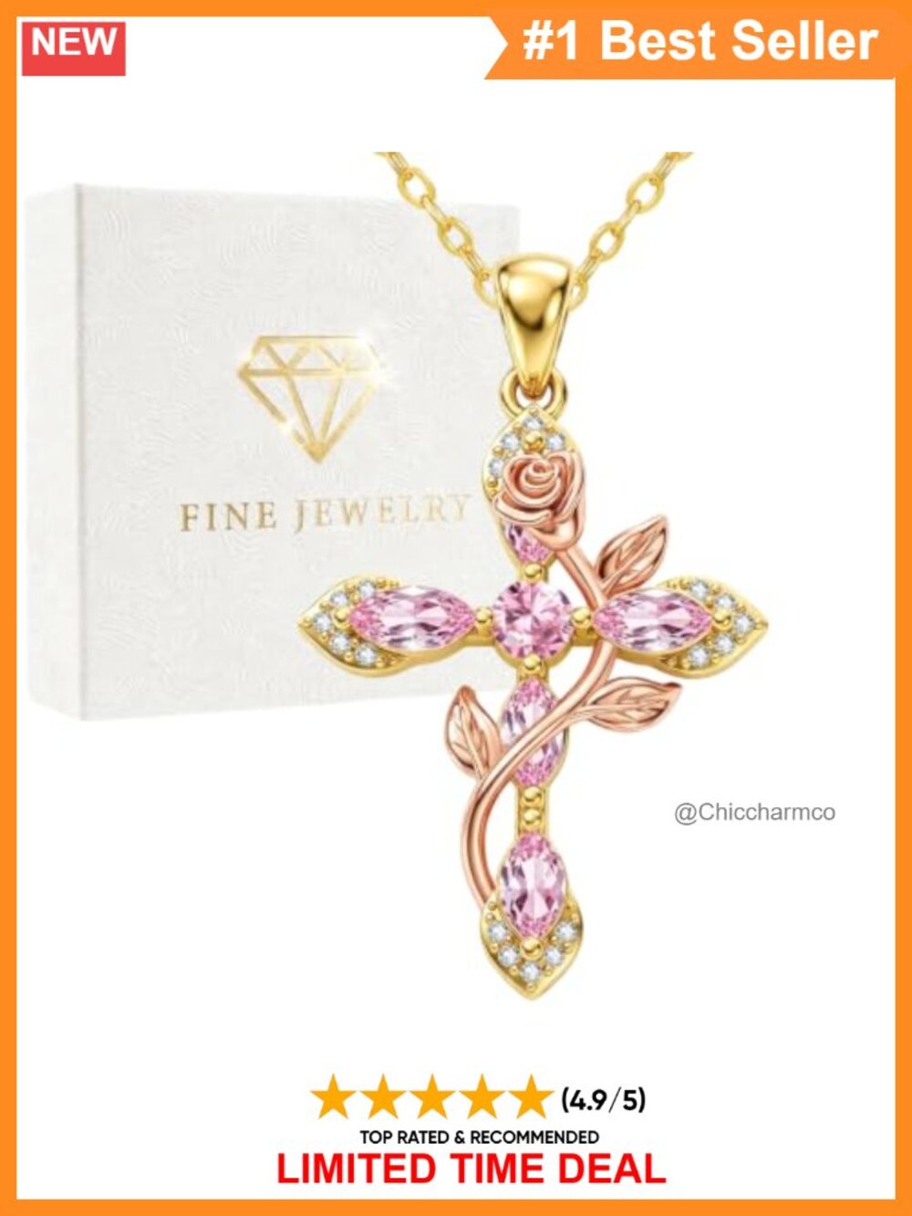 14K Gold Plated Cross Necklace Pink Tourmaline Birthstone Pendant 18+2"